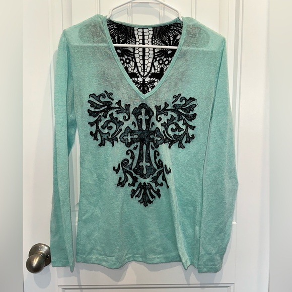 Aqua V-Neck Top with Black Embroidery - Picture 1 of 4